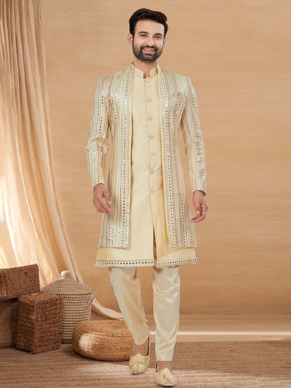 Cream Art Silk Indo Western Readymade Indo Western Sherwani